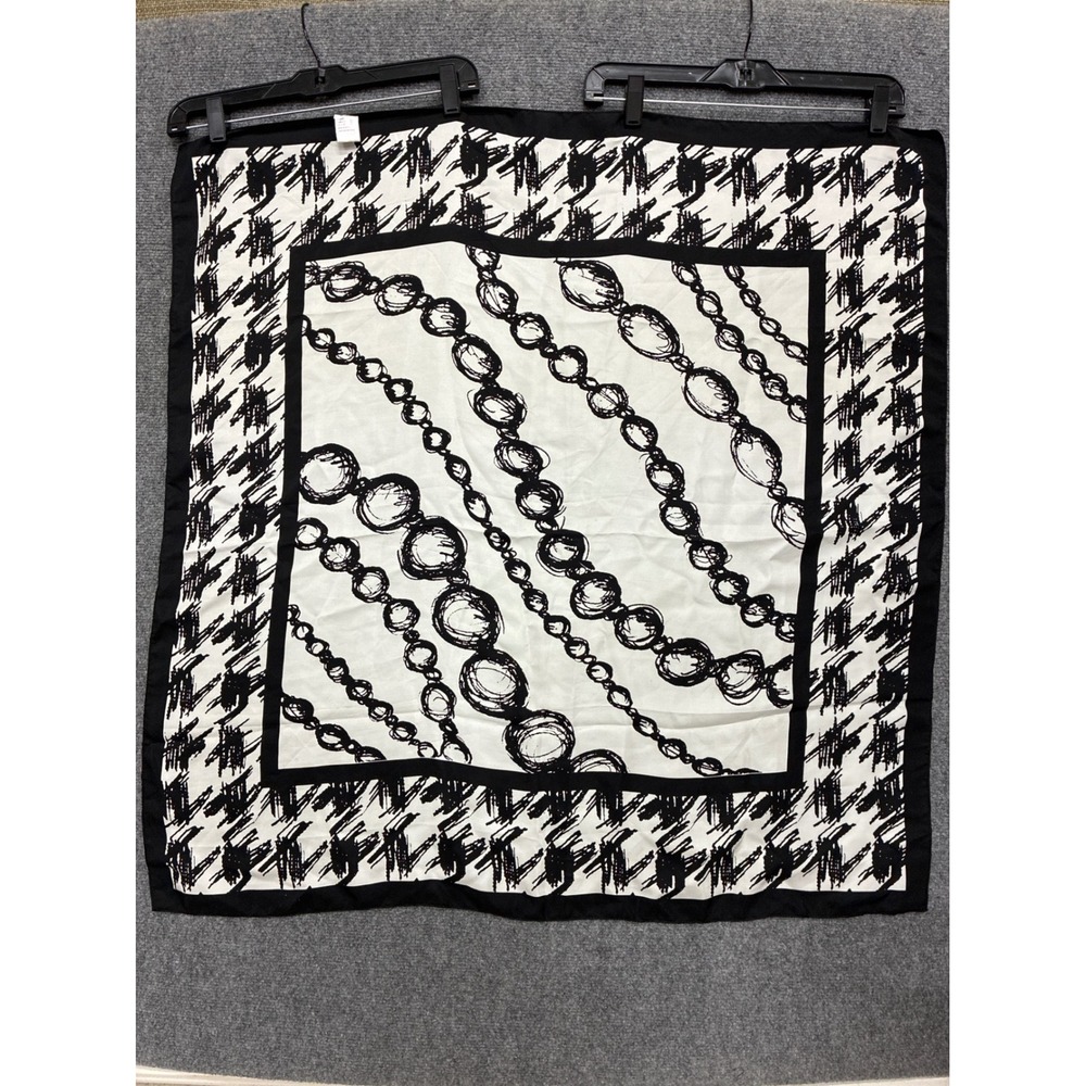 100% Silk Vintage Square Scarf Black White Houndstooth Chain Link Print 34x34